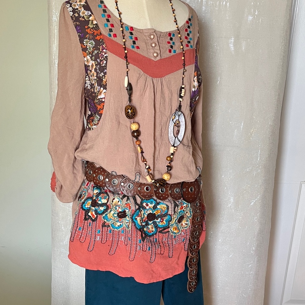 Boho Embroidered Peasant Blouse in Coral and Taupe